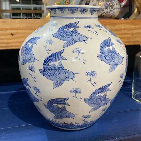 Vintage Chinese Blue & White Koi Fish porcelain vase